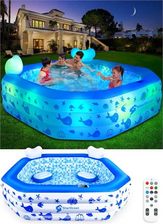 Inflatable Pool with Lights,2024 Solar Inflatable Swimming Pool for