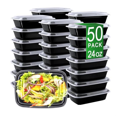 Meal Prep Containers, 50 Pack 24oz (100-Piece) Disposable Take Out Food Storage