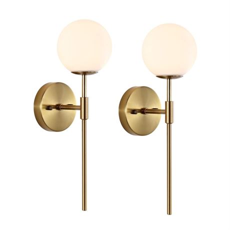 Gold Wall Sconce Set of 2 with White Globe Glass Shades Modern Mid Century