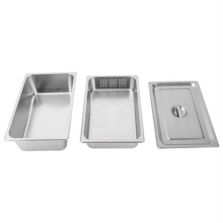 DYNAMI Set of 3 Full Size Hotel Pan with Lid,4in Deep Anti-Jam Perforated