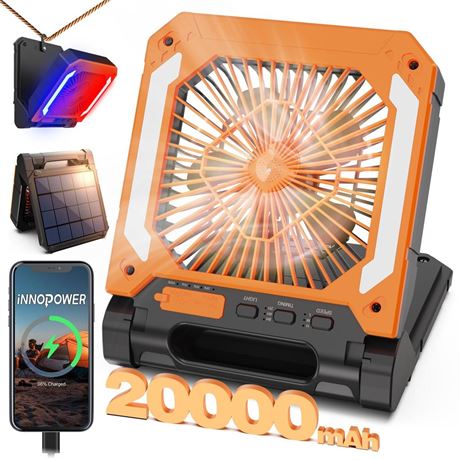 20000mAh Rechargeable Solar Powered Portable Fan with Led Lantern, 3 Speeds