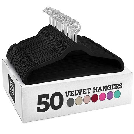 Zober Velvet Hangers 50 Pack - Heavy Duty Black Hangers for Coats, Pants &