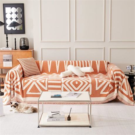 VClife Chenille Couch Cover Boho Sofa Cover Caramel Cream White Geometry Sofa