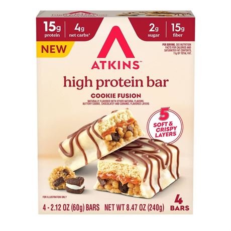 Atkins High Protein Bars, Cookie Fusion Flavor Low Sugar, Keto - 15g Protein -