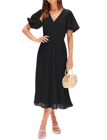 MEROKEETY Womens 2024 Summer Puff Sleeve Wrap V Neck Pleated Flowy Midi Dress