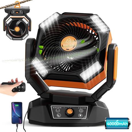 40000mAh Battery Operated Fan,Portable Camping Fan with LED Lantern,9-In