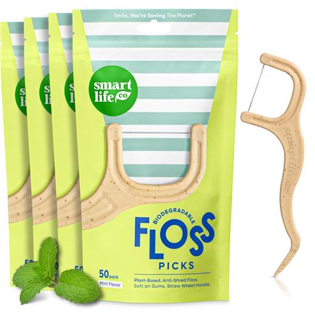 SMARTLIFECO Biodegradable Dental Floss Picks - Plant Based Handle, Thin Thread