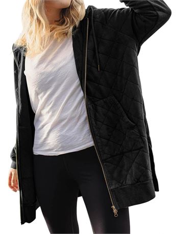 Women's Quilted Full Zip Hoodie Long Sleeve Sweatshirts Split Hem Coat with