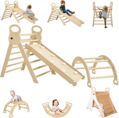 Pikler Triangle Set, Foldable Toddler Baby Climbing Toys with Arch&Ramp&Ladder,