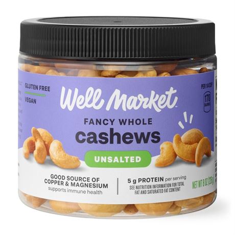 Well Market Unsalted Fancy Whole Cashews, 8 oz