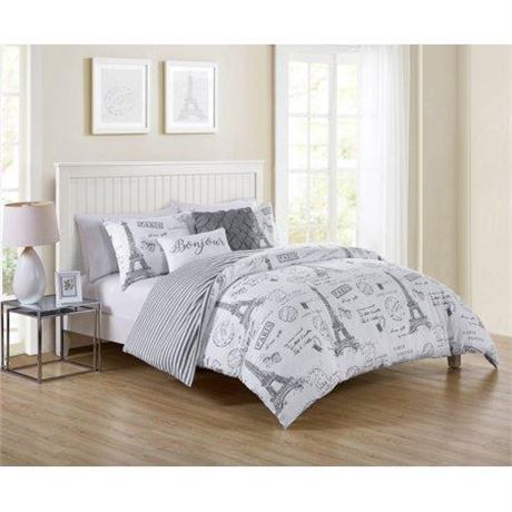 Vcny Home Paris Night Reversible Duvet Cover Set, Queen Bedding