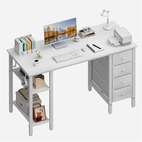 Lufeiya White Computer Desk with Drawers & Storage Shelves, 47 Inch Study Work