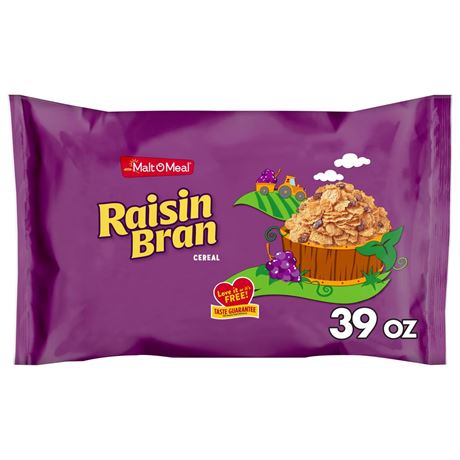 Malt-O-Meal Raisin Bran Cereal, Family Size Breakfast Cereal, 39 oz Resealable