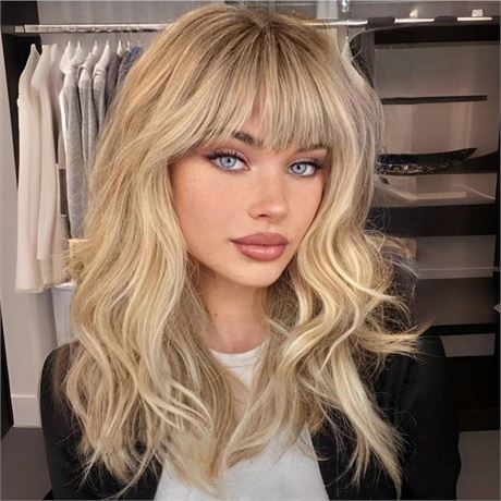 KOME Blonde Wig with Bangs,Ombre Blonde Wavy Wigs for Women,Shoulder Length