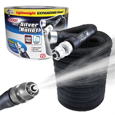Pocket Hose 75 FT Silver Bullet with Turbo Shot Nozzle Multiple Spray Patterns