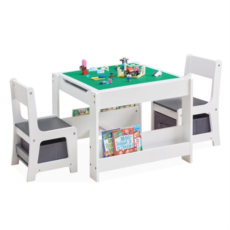 Kids Table and Chair Set, 3 in 1 Wooden Activity Table with Bookshelves and