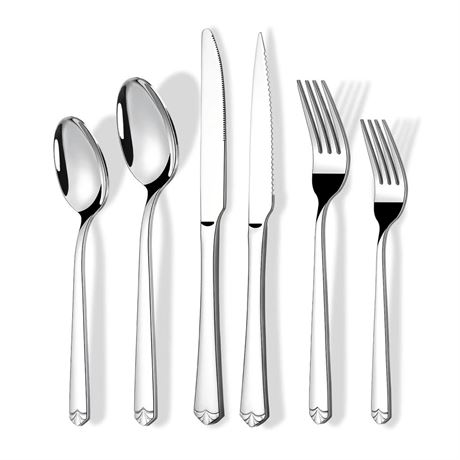 24 Piece Silverware Set with Steak Knives for 4, Prendcyx Stainless Steel