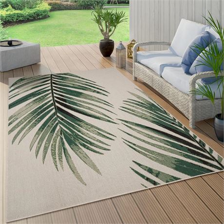 Outdoor Rug Beige Green with Floral Palm Leaf Design Waterproof, Size: 6'7" x
