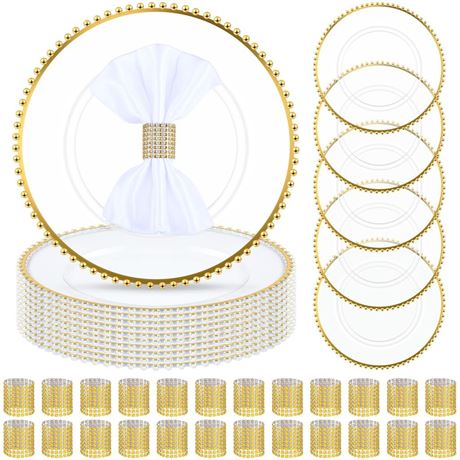 Uiifan 50 Set (100 Pcs) Clear Gold Charger Plates and Napkin Rings Set
