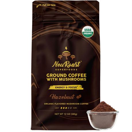 Organic Ground Mushroom Coffee by NeuRoast - Hazelnut Flavor | Low Acid, Smooth