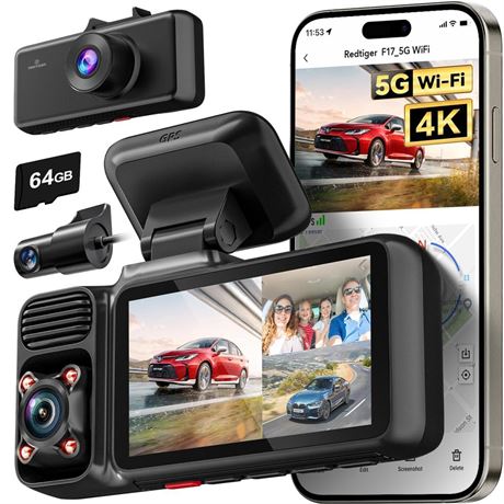 REDTIGER 4K 3 Channel Dash Cam 5G WiFi Built-in GPS with 64GB Card,