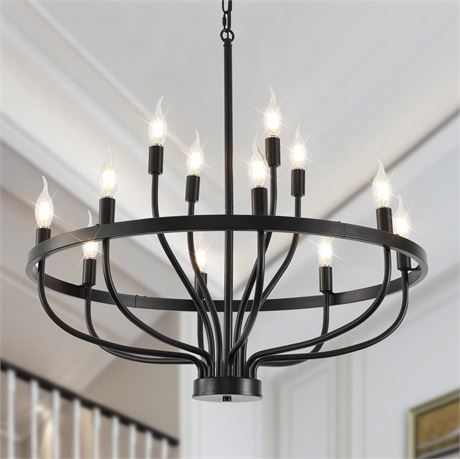 Black Farmhouse Chandeliers for Dining Room Light Fixtures 12 Light, Wagon