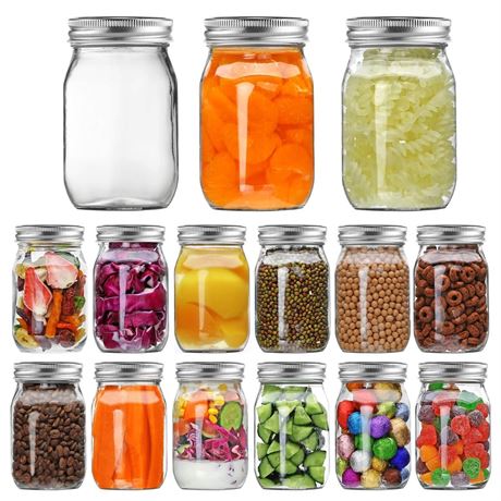Glass Regular Mouth Mason Jars, 16 oz Clear Glass Jars with Silver Metal Lids