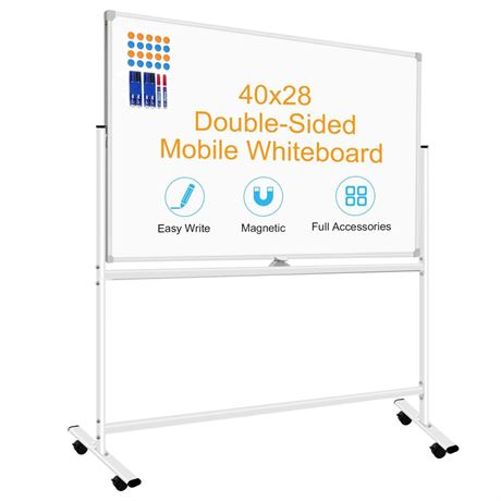 Mobile White Board with Stands 40"x28", Double-Sided Rolling Whiteboard on