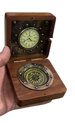 Authentic Replica Clock Compass in Rose Wood Box, Best Gift