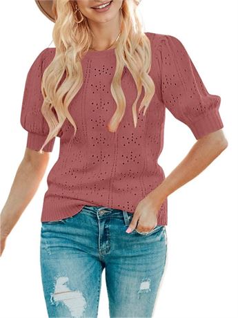 MEROKEETY Women's 2024 Fall Puff Short Sleeve Sweater Tops Crew Neck Crochet