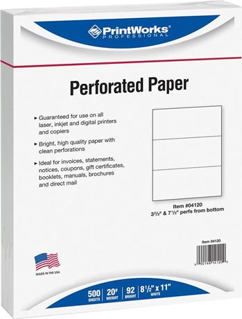 PrintWorks Professional Paper, 8.5 x 11, 20 lb, 2 Horizontal Perfs 3.66" and