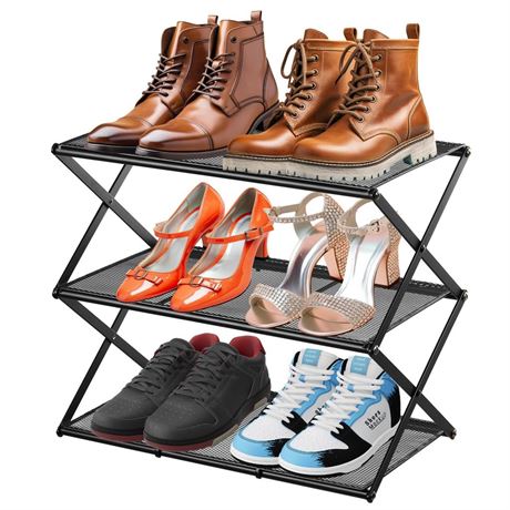 Small Shoe Rack for Entryway - 3 Tier Shoe Organizer Metal Foldable Shoes