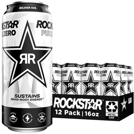 Rockstar Pure Zero Energy Drink, Silver Ice, 0 Sugar, with Caffeine and