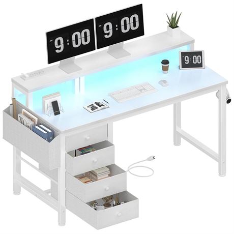 Lufeiya White Desk with 4 Drawers - 47 inch Gaming Desk with Monitor Stand,