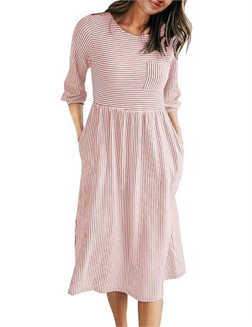 MEROKEETY Women's 3/4 Balloon Sleeve Striped High Waist T Shirt Midi Dress with