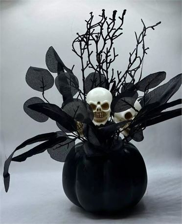 OFFSITE Happy Halloween 3 White Skeleton Skull on Black Pumpkin Sculpture Table