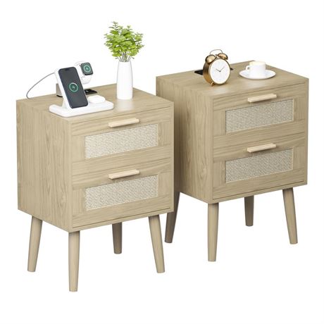 Nightstand with Charging Station,2 Set Rattan Night Stand with Solid Wood Legs,