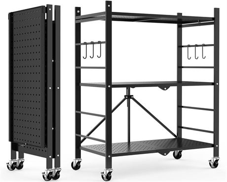 Himix Storage Shelves with 6 Hooks, 3 Tier Foldable Shelf with Wheels, Metal