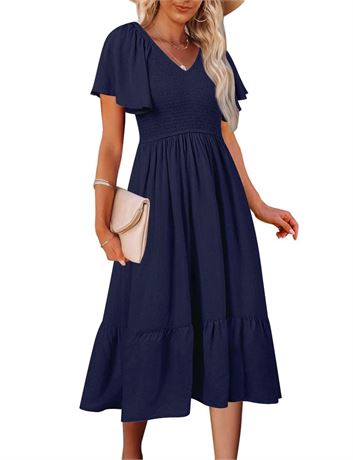 MEROKEETY Women's Summer Casual V Neck Ruffle Sleeve Smocked High Waist Midi