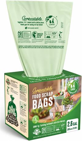 UNNI Compostable Trash Bags, 2.6 Gallon, 100 Count, Extra Thick 0.71 Mil |