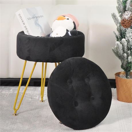 Round Vanity Stool with Storage, Velvet Storage Ottoman Footrest Stool Chair