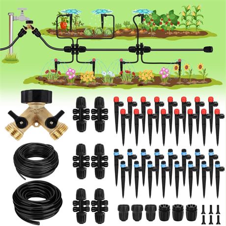 250FT Drip Irrigation System for Garden - 50FT 1/2" Main Tube & 200FT 1/4"
