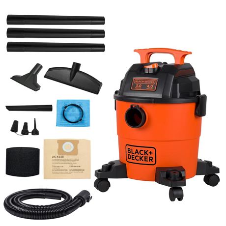 BLACK+DECKER Shop Vacuum Wet and Dry, 4 Gallon 3.0 Peak HP, 3-in-1 Portable