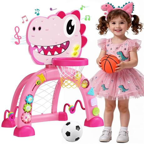 Dinosaur Toddler Basketball Hoop & Soccer Goal Montessori Toys with Sound and