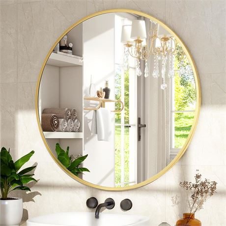 18 Inch Round Gold Metal Wall Mirror - Stylish Circle Mirror for Entryway,