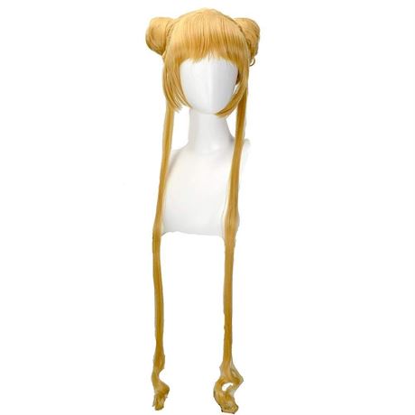 PLUSKER Women Long Anime Golden Blonde with Two Ponytails and Buns Bangs Wig