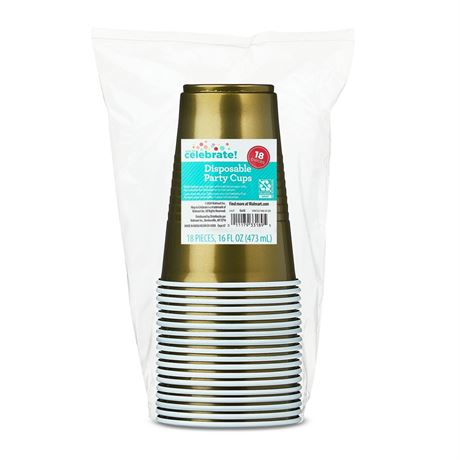 18CT 16OZ Gold Disposable Plastic Party Cups by Way to Celebrate
