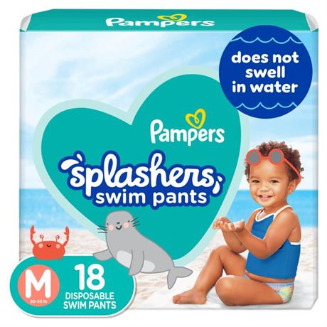 Pampers Splashers Swim Diapers - Size M, 18 Count, Gap-Free Disposable Baby