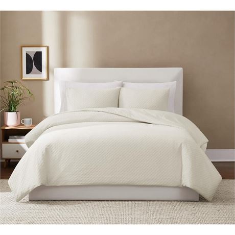Woven Texture Cream Full/Queen 3 Piece Cotton Comforter Set