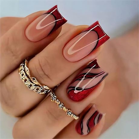 French Tips Press on Nails with Curve Designs, Glossy Red Fake Nails Cute Full